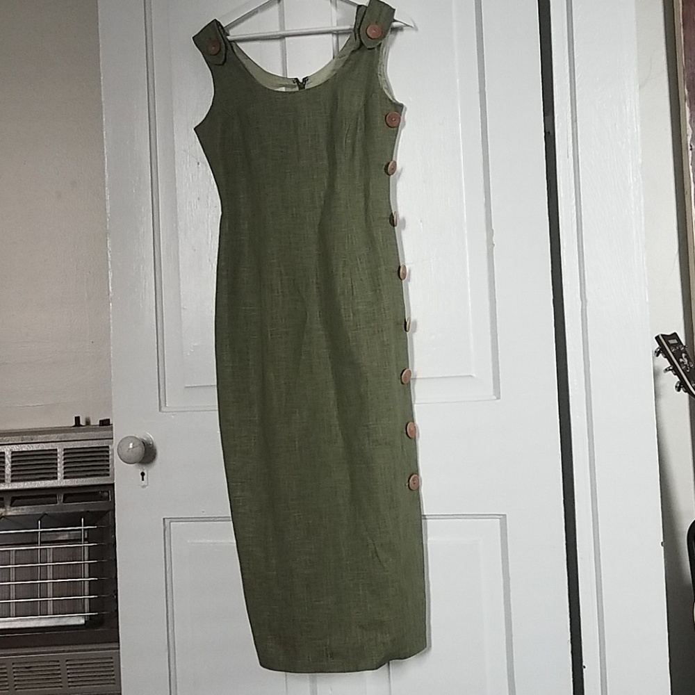 90's Linen Midi Dress with Wood Button Detail
